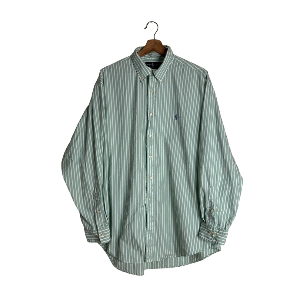 Ralph Lauren Yarmouth Shirt Mens Large Green White Stripe Button Down Oxford